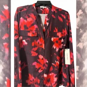 Calvin Klein NWT Red Black Floral Button Front Blouse Medium